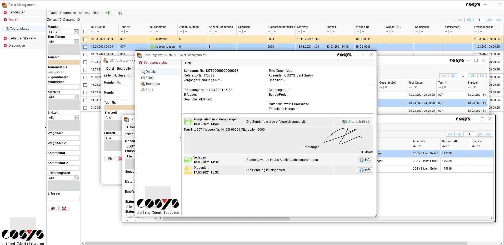 COSYS WebDesk Transport Sendungsdetails Unterschrift