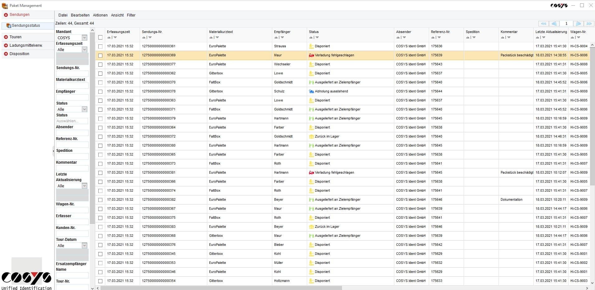 COSYS WebDesk Transport Sendungsstatus