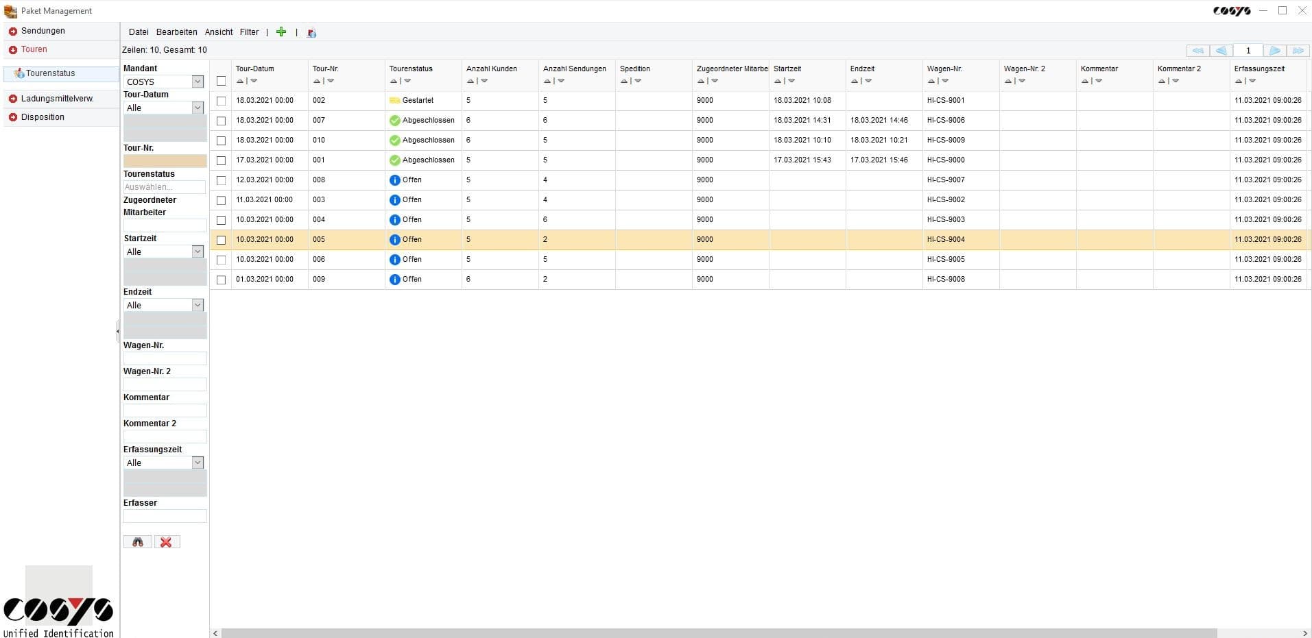 COSYS WebDesk Transport Tourenstatus