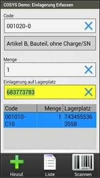 Einlagerung Lagerplatz Android Software von COSYS