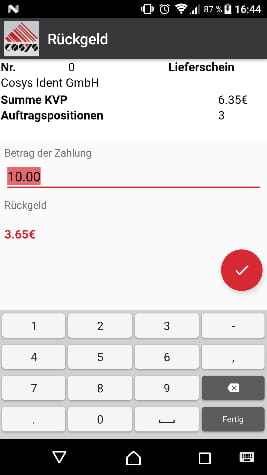 Fahrverkauf Android Software Rückgeld