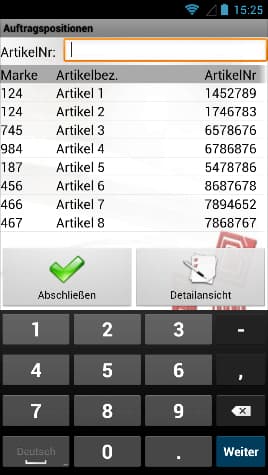 Filialtausch Auftragspositionen Android Software von COSYS