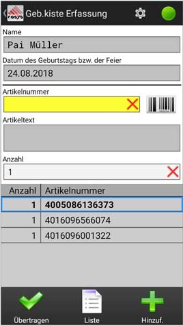 Geburtstagskiste Erfassung Android Software von COSYS