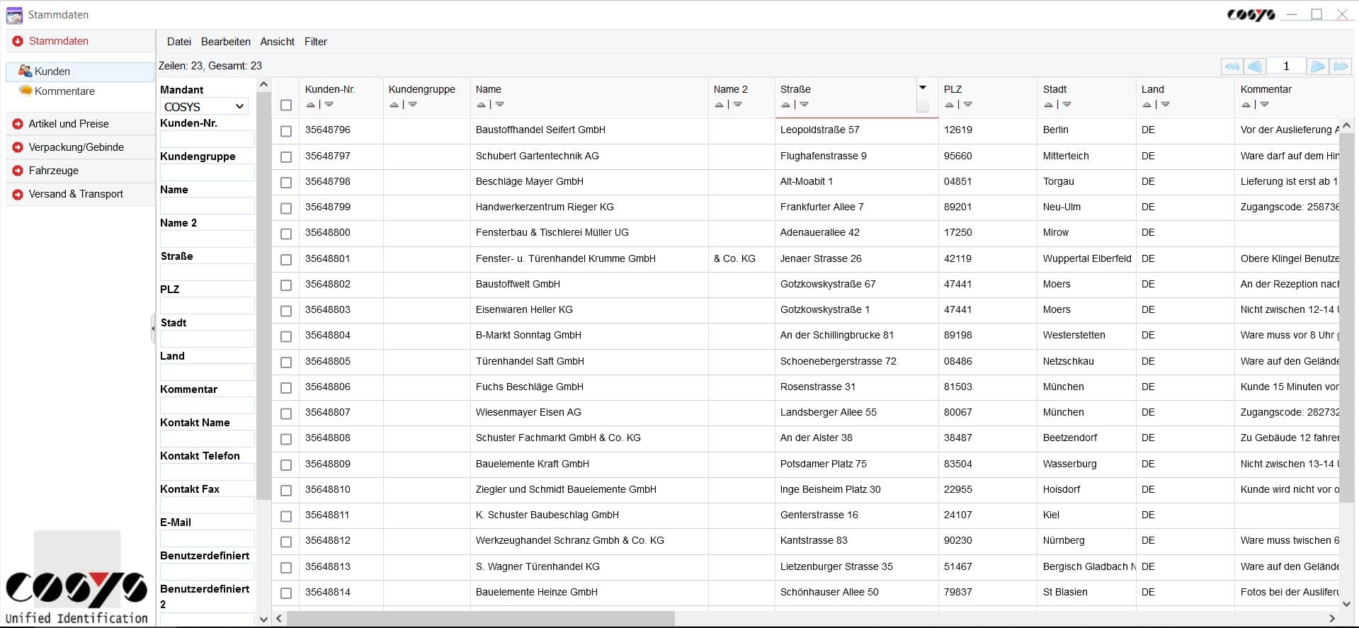 COSYS WebDesk Transport Kundeninformationen