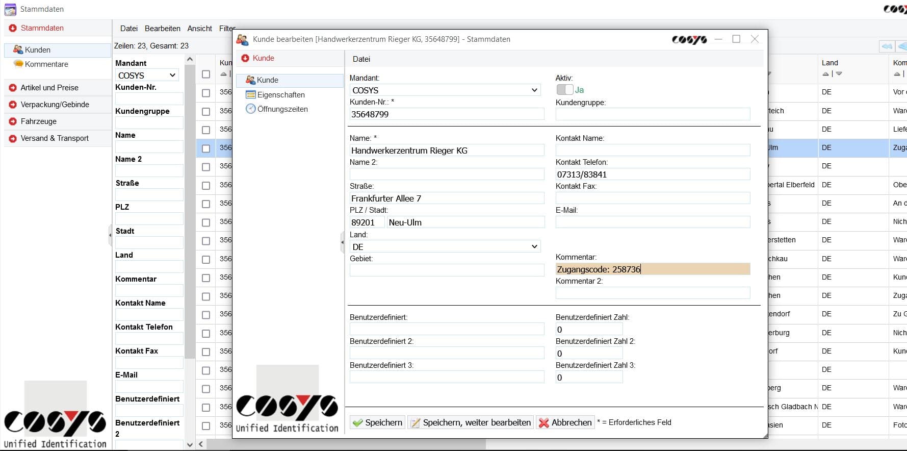 COSYS WebDesk Transport Kundeninformationen