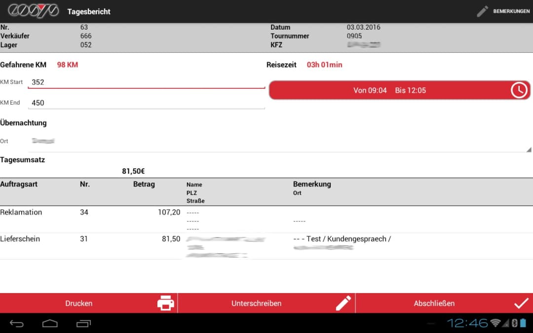 Lieferscheindruck Android Software von COSYS