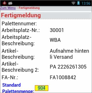 Produktionsauftrag Palettenmenge Android Software von COSYS