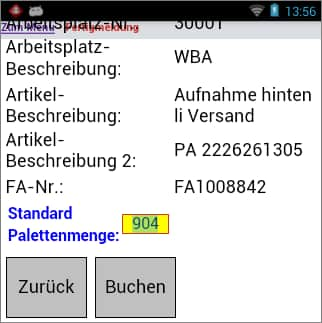 Produktionsauftrag Palettenmenge Android Software von COSYS