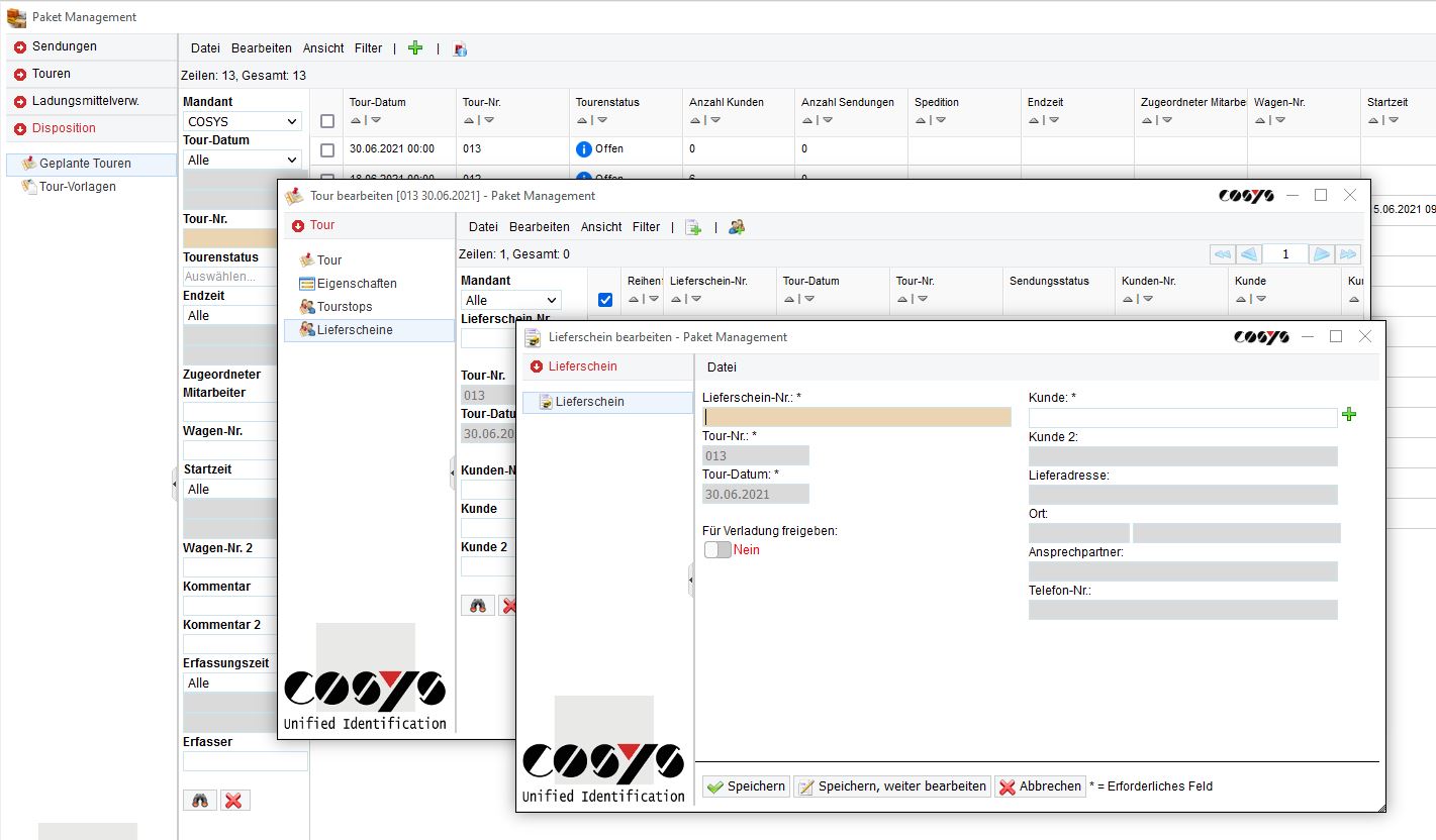 COSYS WebDesk Transport Lieferschein hinzufügen