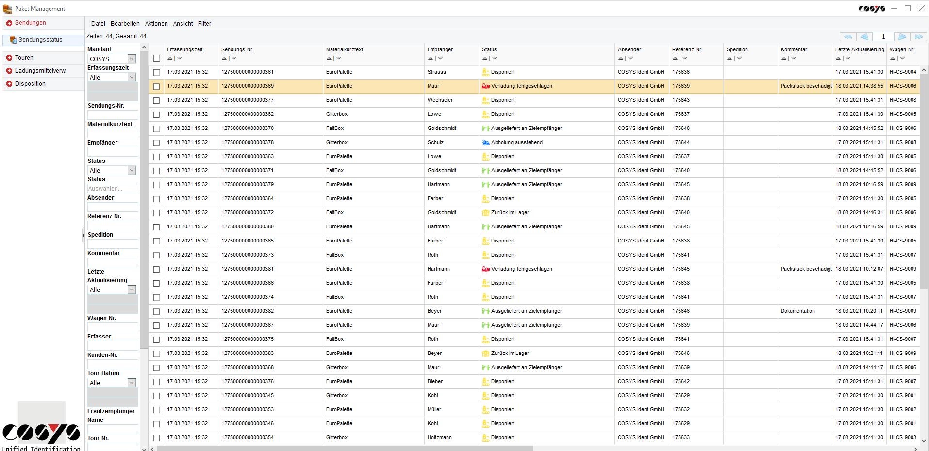 Trasporto COSYS WebDesk Sendungsstatus