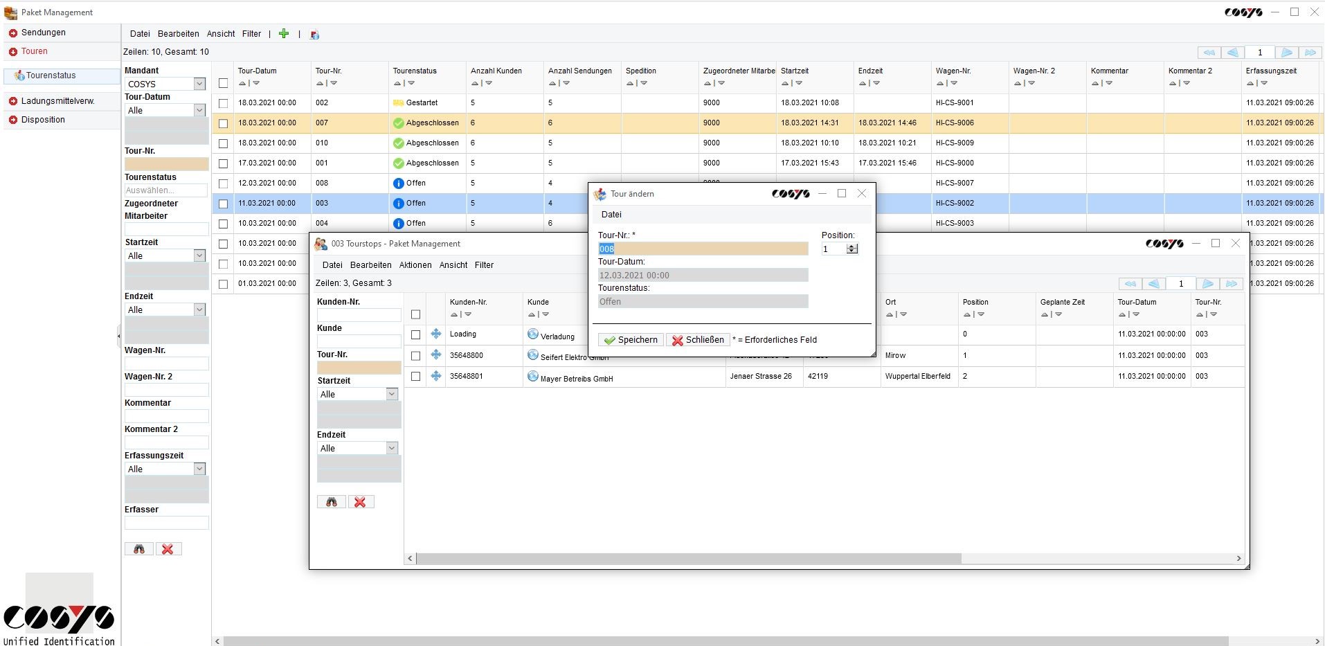 COSYS WebDesk Transport Tour bearbeiten