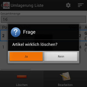 Umlagerung Artikel löschen Android App von COSYS