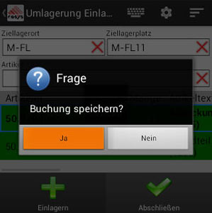 Umlagerung Buchung speichern Android App von COSYS