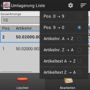 Umlagerung Optionsmenü Android App von COSYS