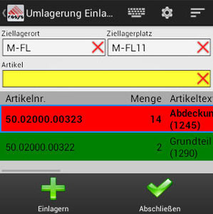 Umlagerung Ziellagerplatz Android App von COSYS