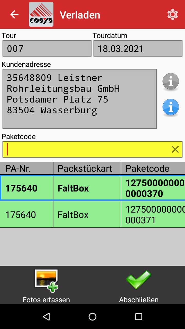 Verladung / Beladung Packstücksplit Android Software von COSYS