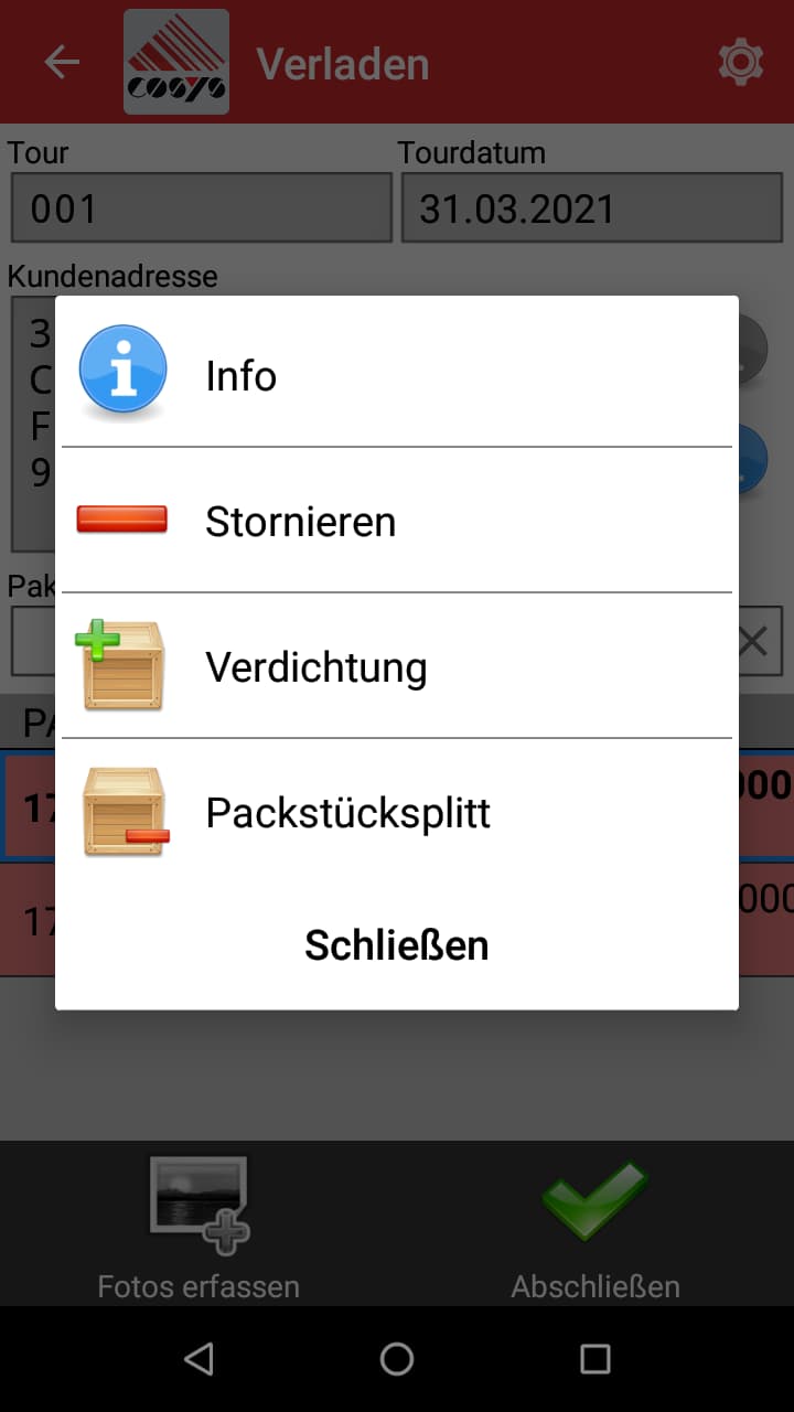 Verladung / Beladung Packstückübersicht Android Software von COSYS