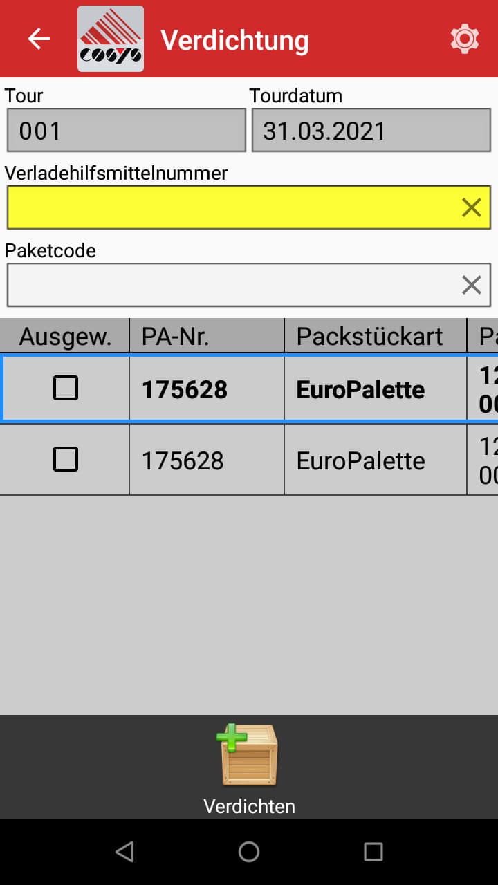 Verladung / Beladung Aktionen Packstückebene Android Software von COSYS