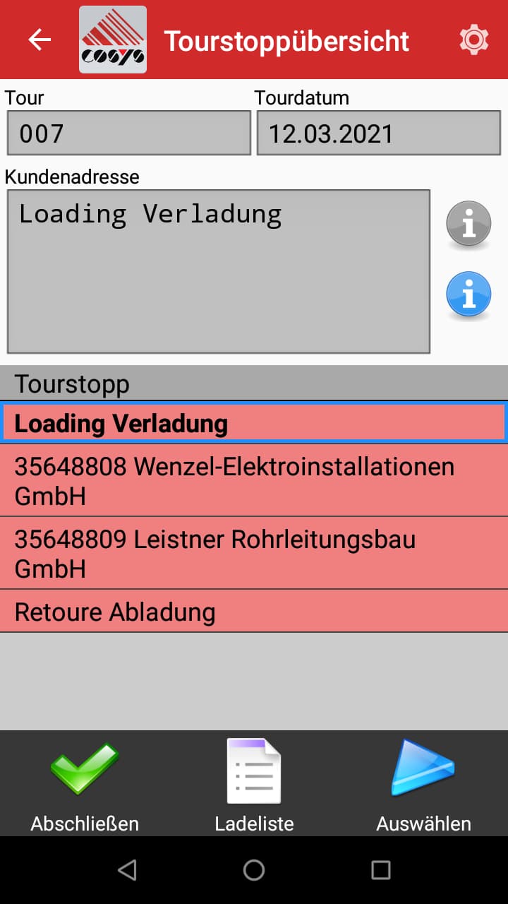 Verladung / Beladung Auswahl Android Software von COSYS