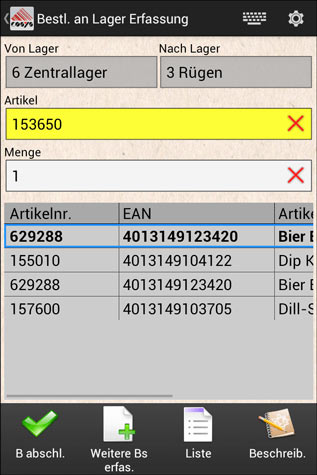 Bestellliste Erfassung Android Software von COSYS