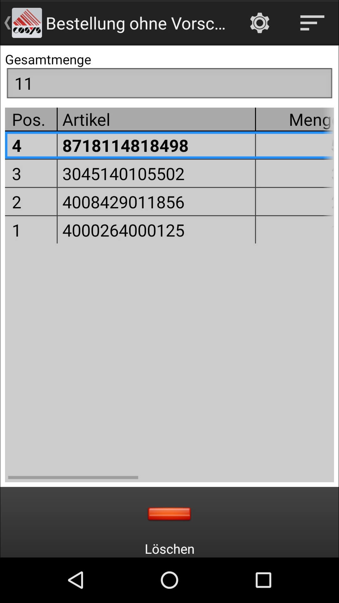 COSYS Android Warenbestellung COSYS Android Warenbestellung