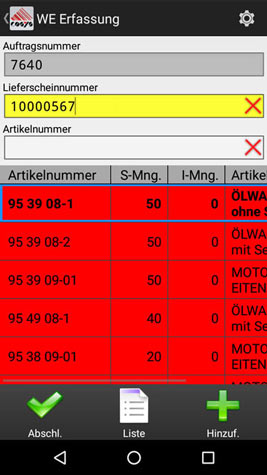 Wareneingang Artikelübersicht Android App von COSYS